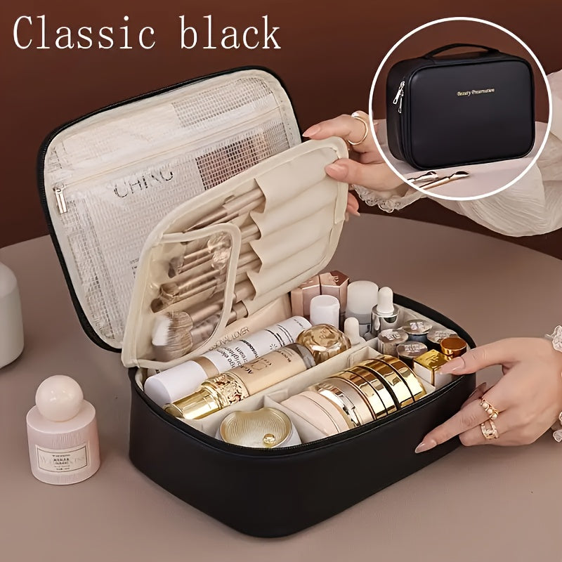 Large-Capacity Multi-Tier Cosmetic Organizer Case with Detachable Brush Storage - Synthetic Leather-like Texture Makeup Bag with Golden-Tone Hardware, Beige & Black Travel Beauty Storage Box with Multiple Compartments & Top Opening - Unisex Portable
