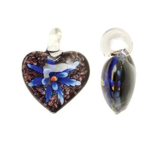 #BS-G511BL Lampwork Glass Flower Heart Pendant, 39mm x 33mm