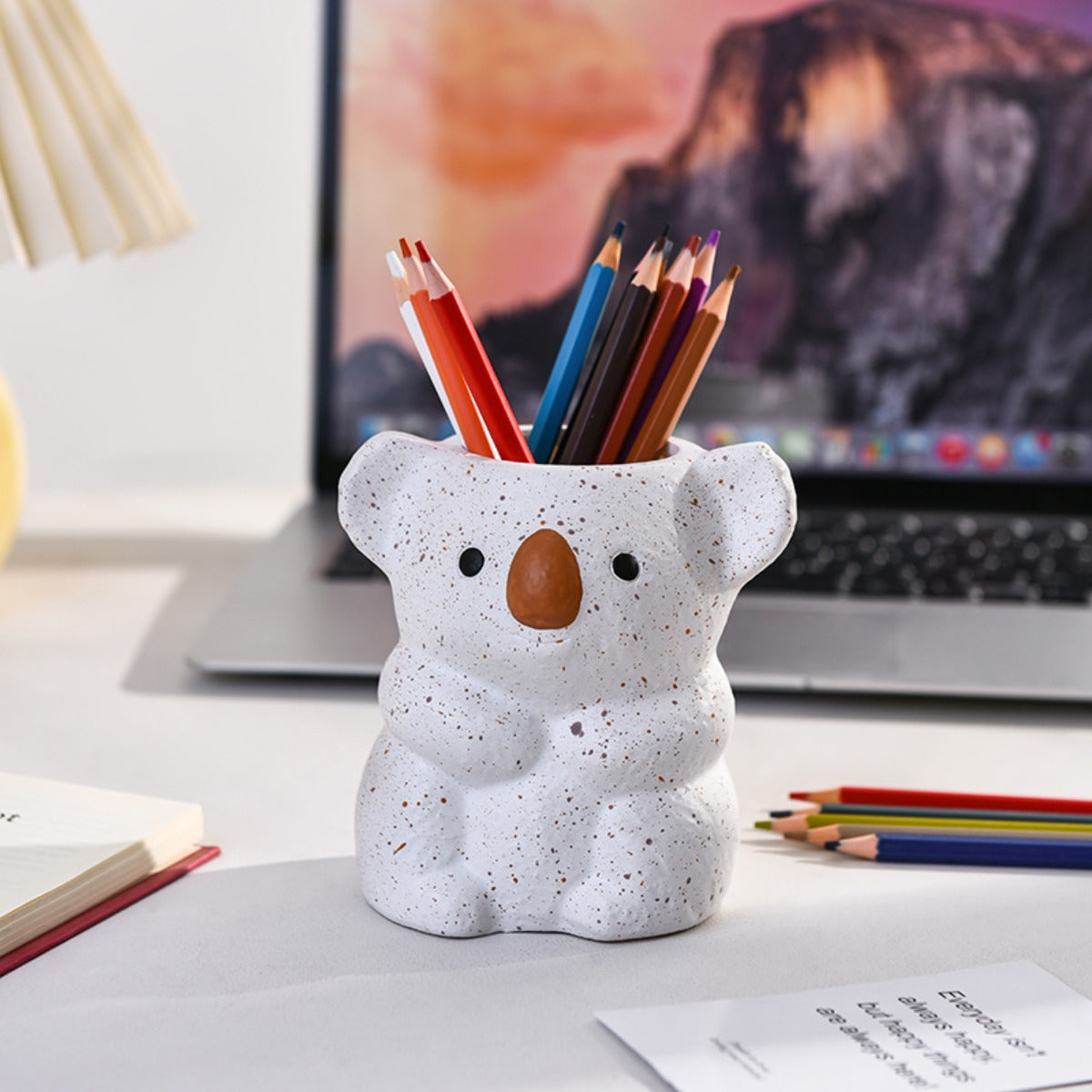 1pc Cute Koala Makeup Brush Holder & Desktop Organizer - White & Brown Bear-Shaped Storage Bin with Spacious Opening, Lightweight Painted Finish for Vanity, Office, Bathroom - No Assembly Required, Unisex Gift for Adults, Office Decor, Decorative
