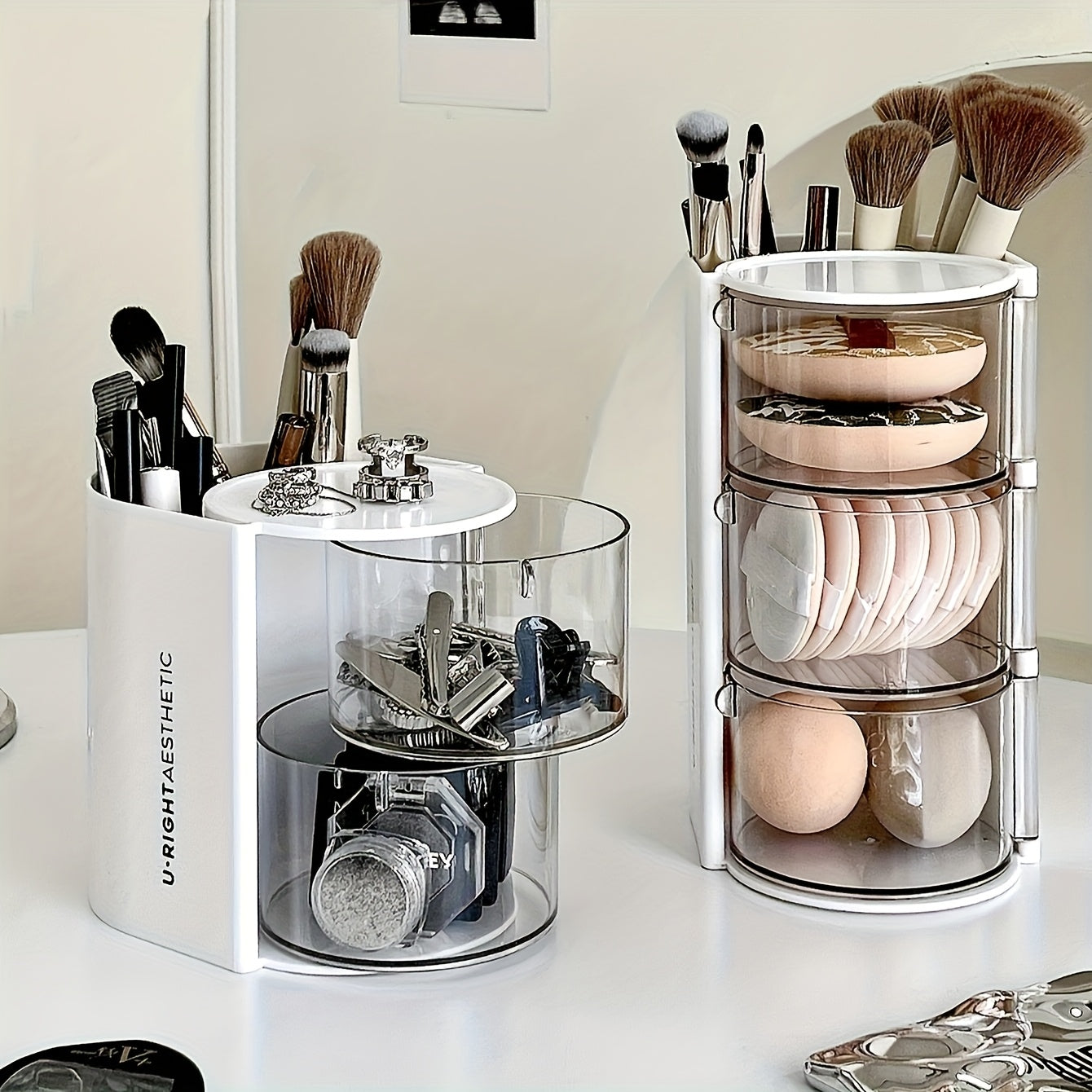 2/3-Tier Makeup Organizer with Brush Holder, Dustproof White/Pink Powder Puffs Storage Box,Compact Dsktop Cushions Holder Container with Brushes Case,Hair Clip & Jewelry Storage Drawel Bin,Perfect for Vanity Table,Bathroom