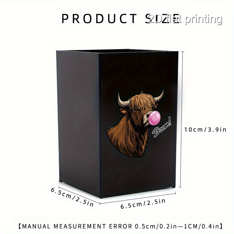 1pc Cute Bubble Gum Cow Design Makeup Brush Holder - Portable, Dustproof Cosmetic Organizer for Brushes & Eyebrow Pencils - Black Plastic Vanity Storage Box with Highland Cow Illustration, Vanity Storage Solution | Playful Design | Sleek Organizer