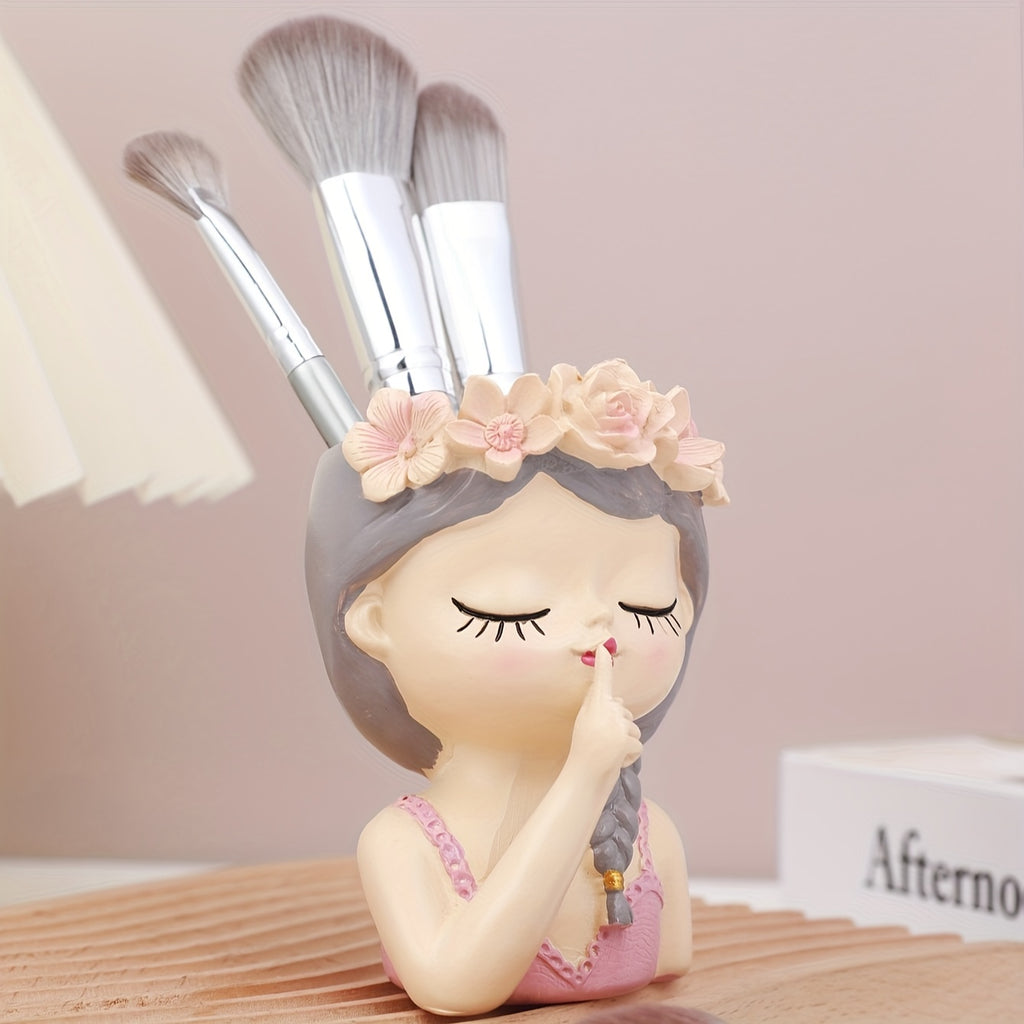 [Dustproof Makeup Holder] 1pc Dustproof Fairy Maiden Design Rotating Makeup Brush Holder | Cylinder Storage for Eyebrow Pencils and Brushes, Ideal for Dressing Table - Can Also Be Used as Pen Holder or Vase