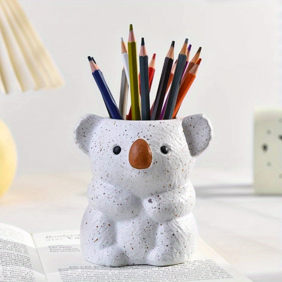 1pc Cute Koala Makeup Brush Holder & Desktop Organizer - White & Brown Bear-Shaped Storage Bin with Spacious Opening, Lightweight Painted Finish for Vanity, Office, Bathroom - No Assembly Required, Unisex Gift for Adults, Office Decor, Decorative