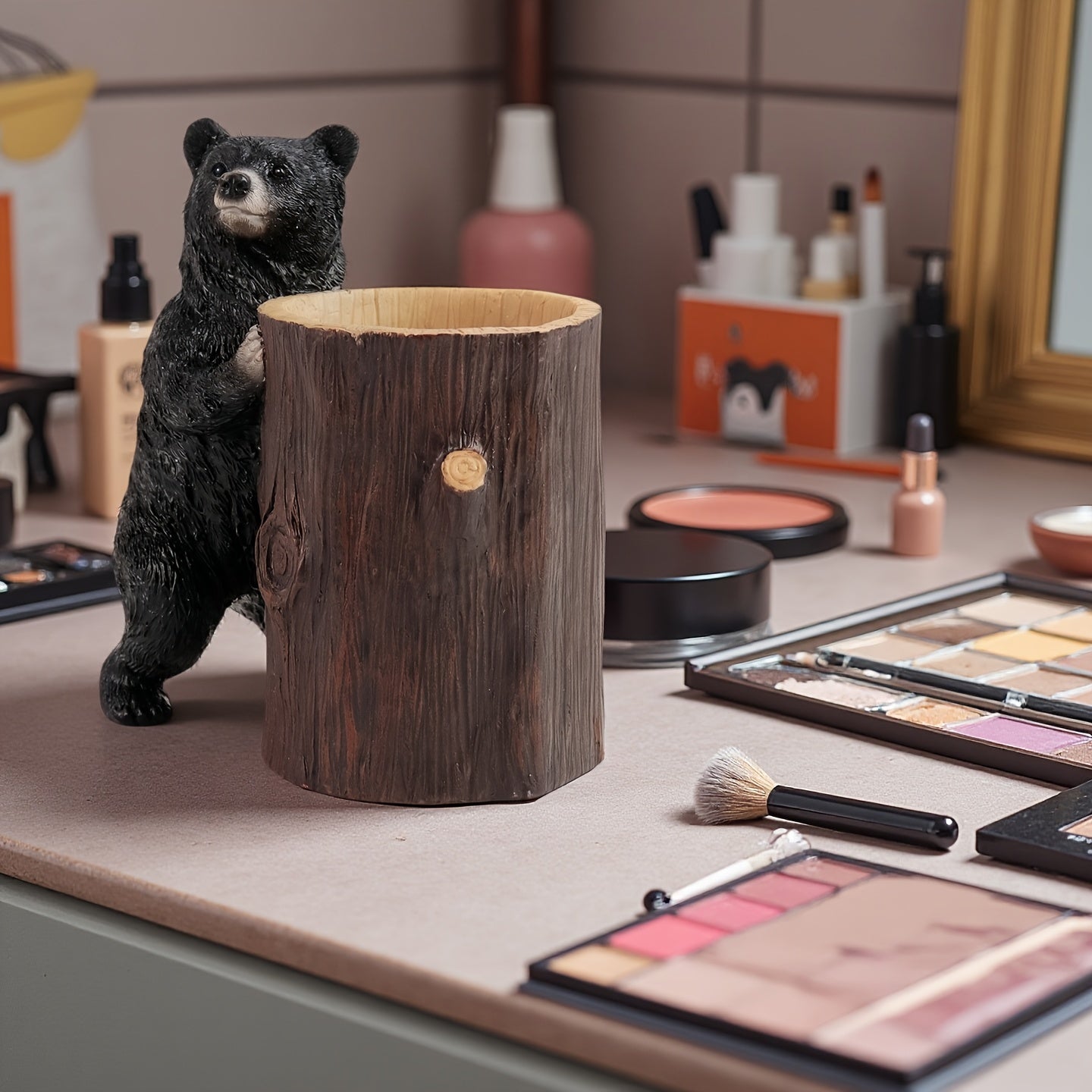 Elegant Large Bear Makeup Brush Holder - Resin Art Sculpture with Anti-Drop Design, Lightweight & Durable, Perfect for Vanity or Bathroom Decor, Ideal for 11 Festivals, Makeup Brush Holder for Vanity, Decorative, Unique, Creative, Statue, Ornament,