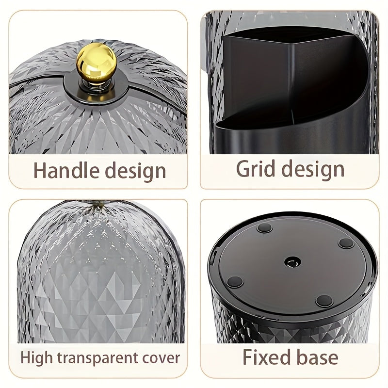 [1pc Rotating Makeup Organizer] 1pc Rotating Makeup Organizer with Cover | Waterproof, Dustproof Plastic Cosmetic Storage Box, Diamond Pattern Design | Ideal for Brushes, Skincare Products, Office Supplies, Fragrance-Free, Skincare Product Storage