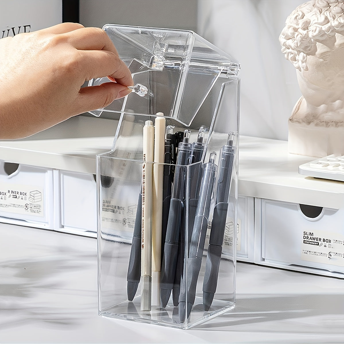 [Dustproof Storage] 1pc Minimalist Desktop Storage Container with Lid | Dustproof Makeup Organizer & Stationery Holder