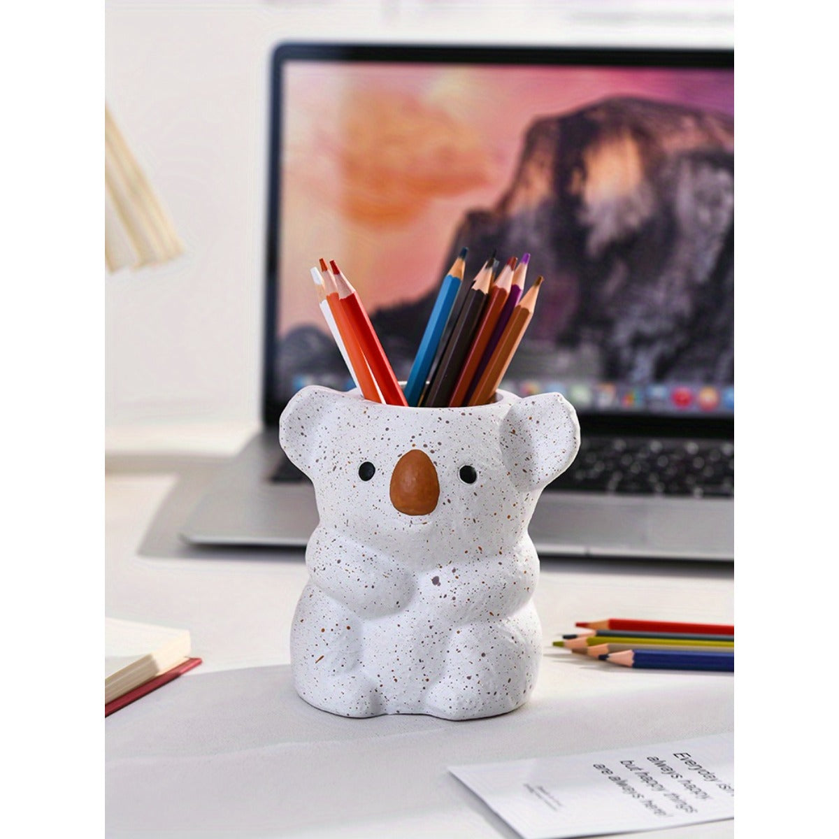1pc Cute Koala Makeup Brush Holder & Desktop Organizer - White & Brown Bear-Shaped Storage Bin with Spacious Opening, Lightweight Painted Finish for Vanity, Office, Bathroom - No Assembly Required, Unisex Gift for Adults, Office Decor, Decorative