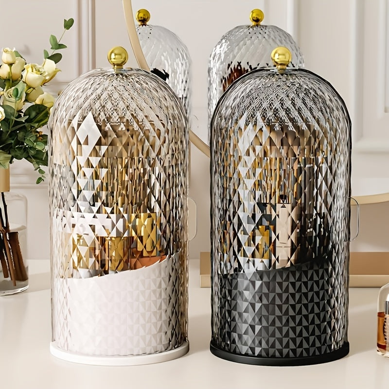 [1pc Rotating Makeup Organizer] 1pc Rotating Makeup Organizer with Cover | Waterproof, Dustproof Plastic Cosmetic Storage Box, Diamond Pattern Design | Ideal for Brushes, Skincare Products, Office Supplies, Fragrance-Free, Skincare Product Storage