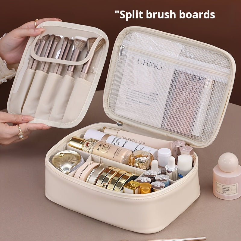 Large-Capacity Multi-Tier Cosmetic Organizer Case with Detachable Brush Storage - Synthetic Leather-like Texture Makeup Bag with Golden-Tone Hardware, Beige & Black Travel Beauty Storage Box with Multiple Compartments & Top Opening - Unisex Portable