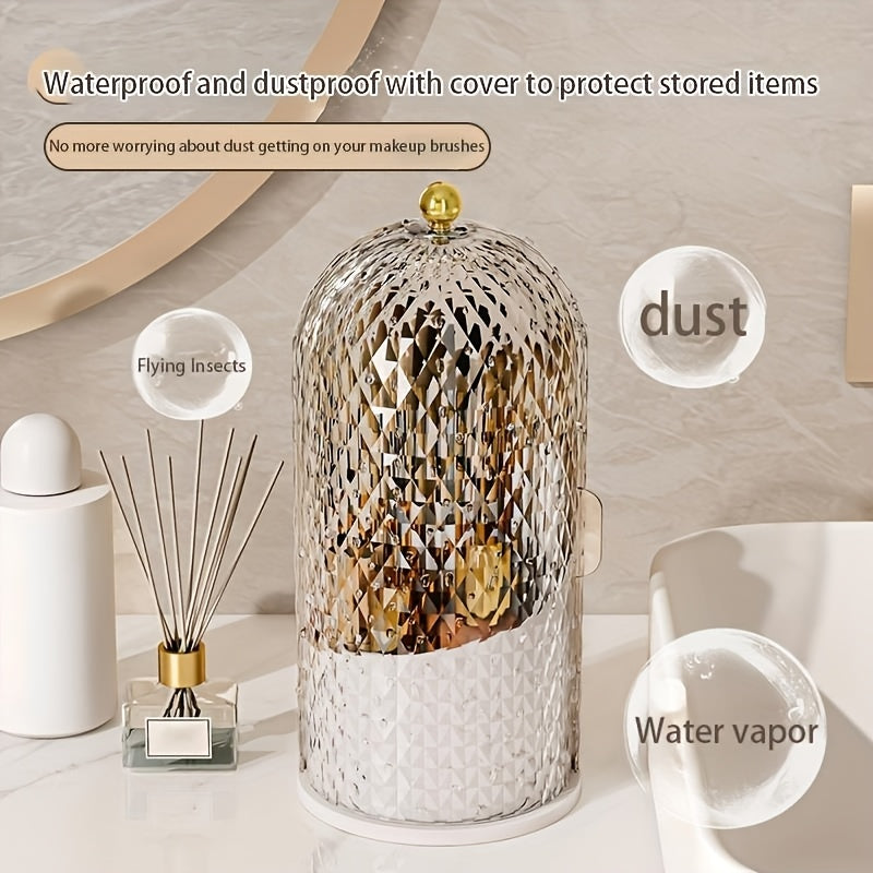 [1pc Rotating Makeup Organizer] 1pc Rotating Makeup Organizer with Cover | Waterproof, Dustproof Plastic Cosmetic Storage Box, Diamond Pattern Design | Ideal for Brushes, Skincare Products, Office Supplies, Fragrance-Free, Skincare Product Storage