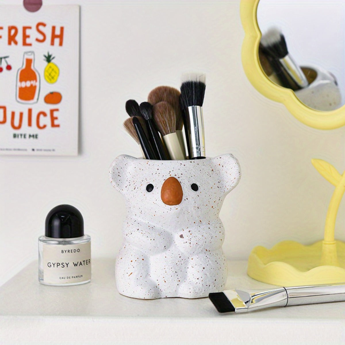 1pc Cute Koala Makeup Brush Holder & Desktop Organizer - White & Brown Bear-Shaped Storage Bin with Spacious Opening, Lightweight Painted Finish for Vanity, Office, Bathroom - No Assembly Required, Unisex Gift for Adults, Office Decor, Decorative