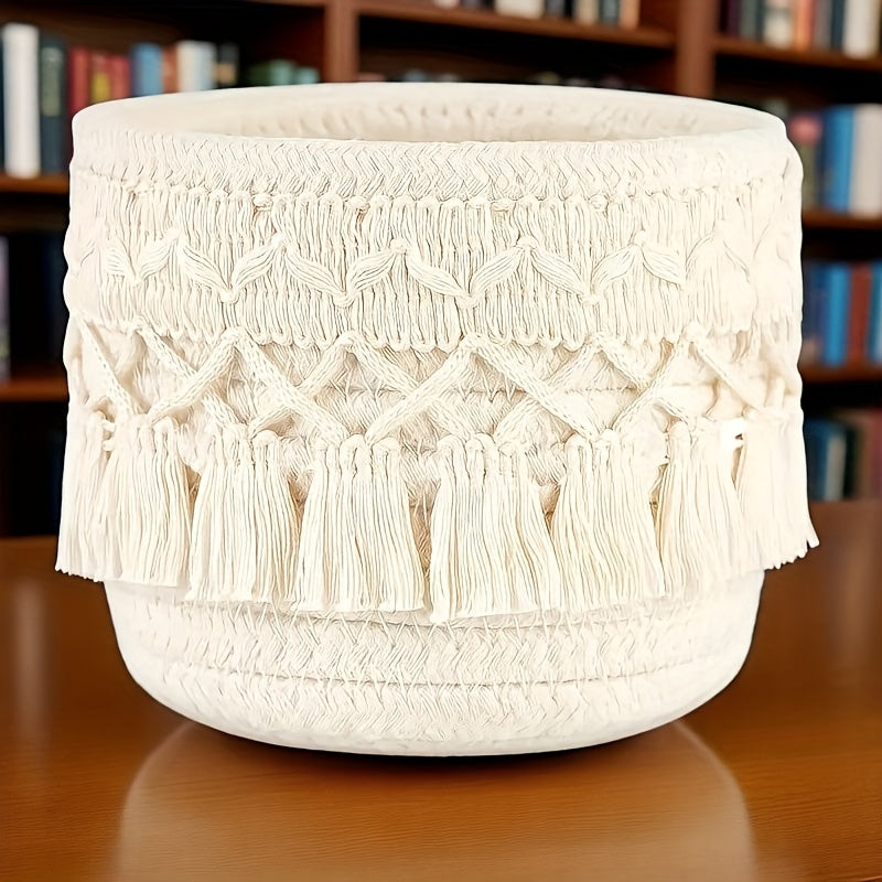 SENDPISTIL Vintage Round Woven Desktop Storage Basket with Fringe - Natural Fabric Makeup Brush Organizer for Vanity, Bathroom & Desk - Decorative Cosmetic Accessories Organizer, Shelf Baskets