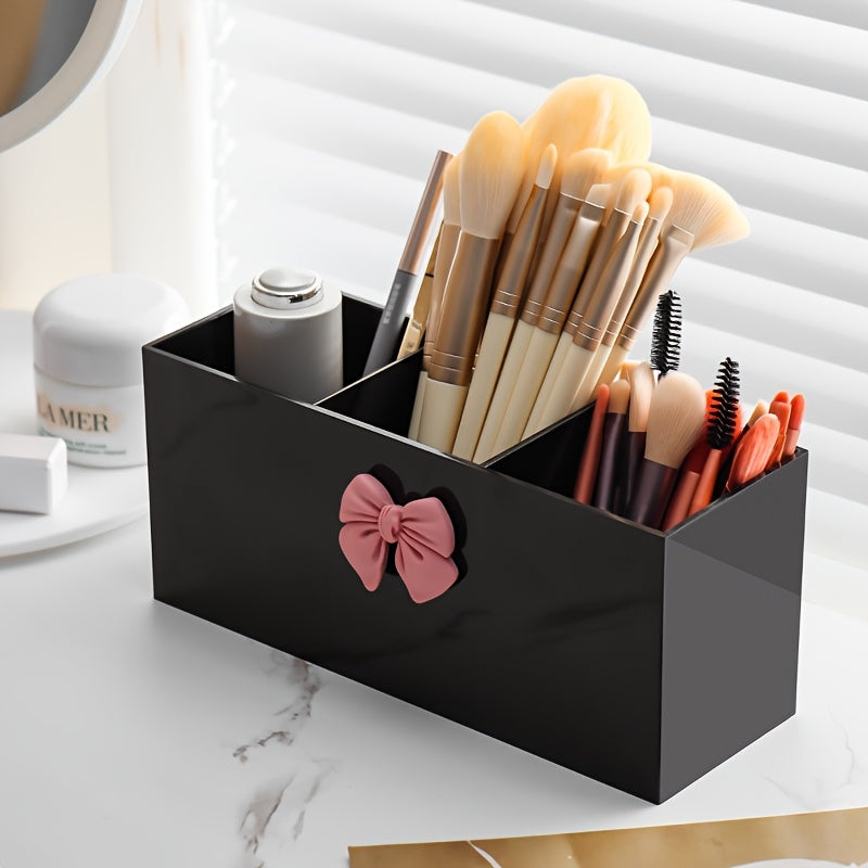 1pc, 3-compartment makeup brush storage box, eyebrow pencil and lipstick storage rack, small display box, suitable for bathroom, bedroom, pink bow, black home storage box