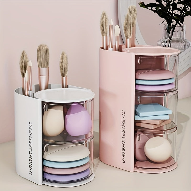 2/3-Tier Makeup Organizer with Brush Holder, Dustproof White/Pink Powder Puffs Storage Box,Compact Dsktop Cushions Holder Container with Brushes Case,Hair Clip & Jewelry Storage Drawel Bin,Perfect for Vanity Table,Bathroom