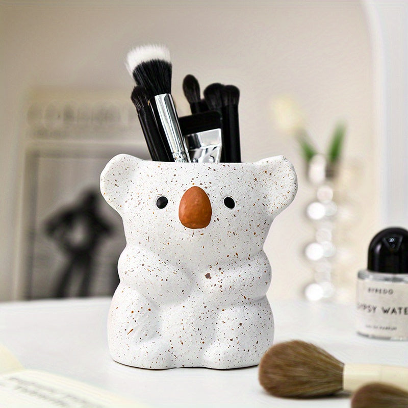 1pc Cute Koala Makeup Brush Holder & Desktop Organizer - White & Brown Bear-Shaped Storage Bin with Spacious Opening, Lightweight Painted Finish for Vanity, Office, Bathroom - No Assembly Required, Unisex Gift for Adults, Office Decor, Decorative