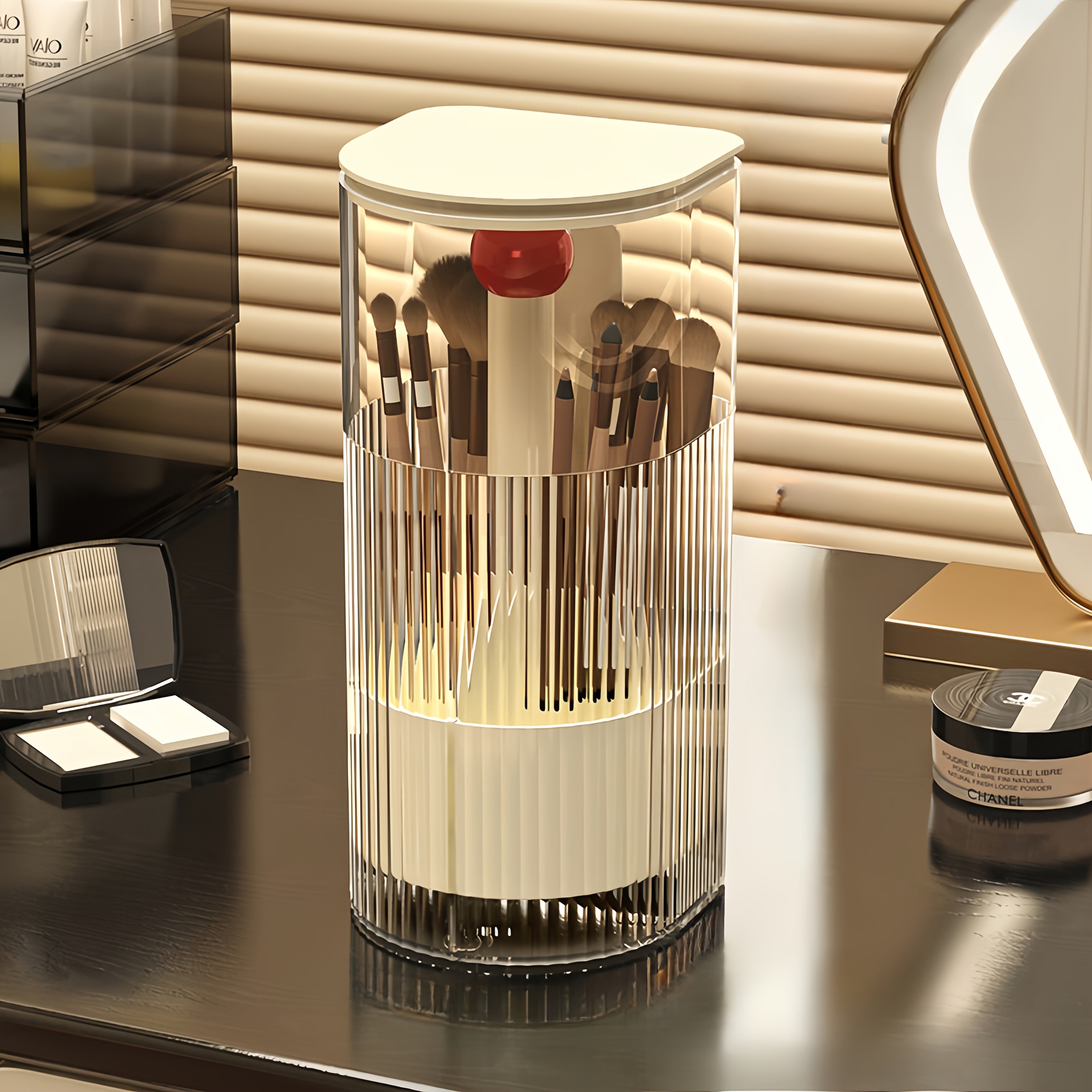 1pc, Makeup Brush Storage Tube, Push-To-Dust, High-End Dressing Table, Eyebrow Pencil, Powder Brush Rack, Automatic Lifting Brush Bucket.
