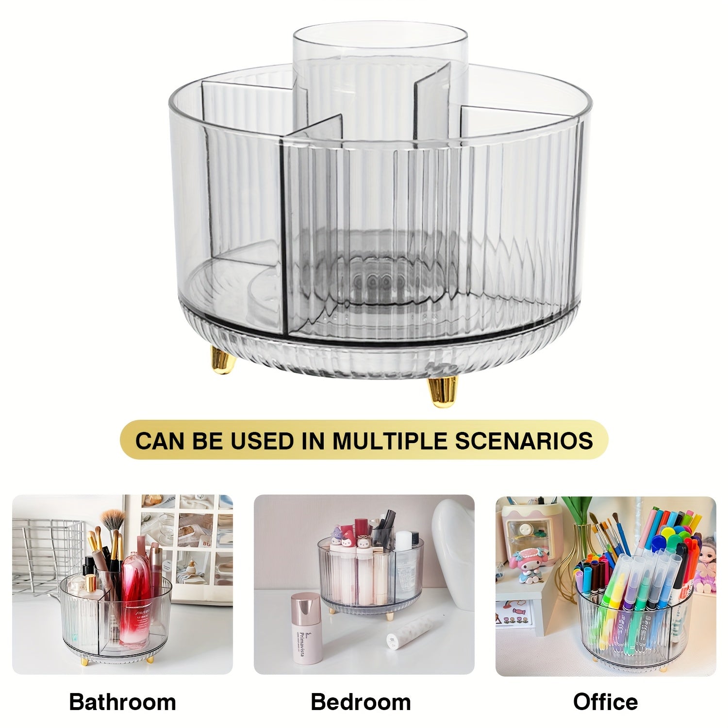 [5 Compartments Storage Box] 5 Compartments 360° Rotating Storage Box | Transparent Cosmetic Storage Box, Stationery Organizer, Large Capacity Storage Box for Home Organization, Desktop Makeup Brush, Lipstick, Pens, Stationery Storage And Organization,