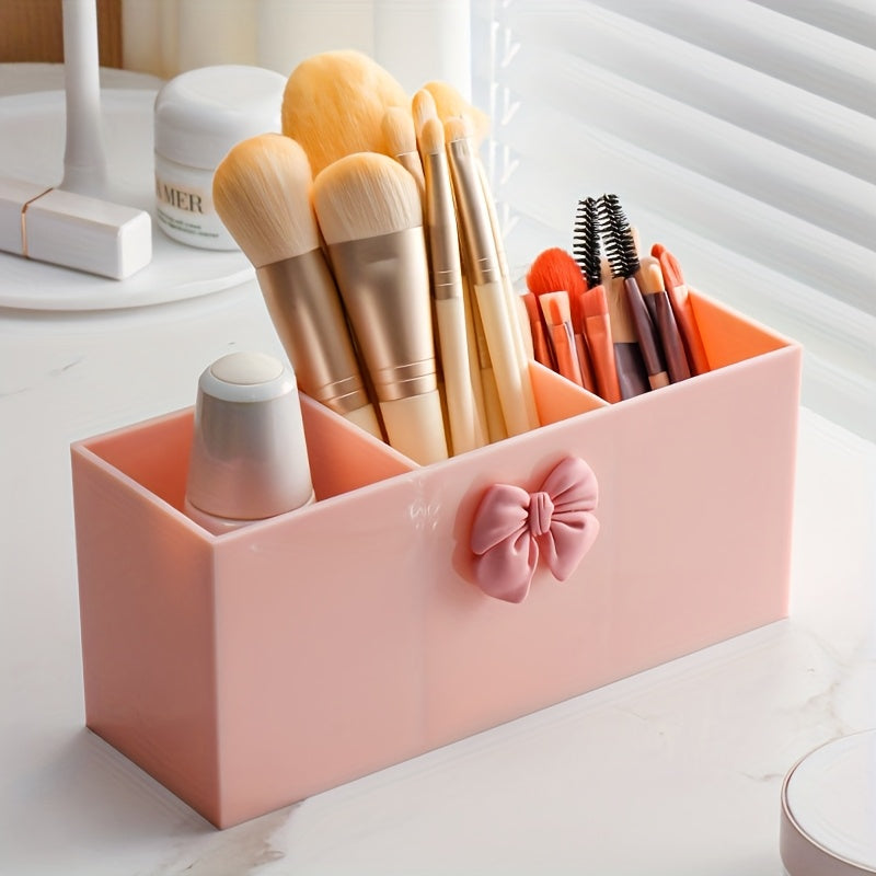 1pc, 3-compartment makeup brush storage box, eyebrow pencil and lipstick storage rack, small display box, suitable for bathroom, bedroom, pink bow, black home storage box