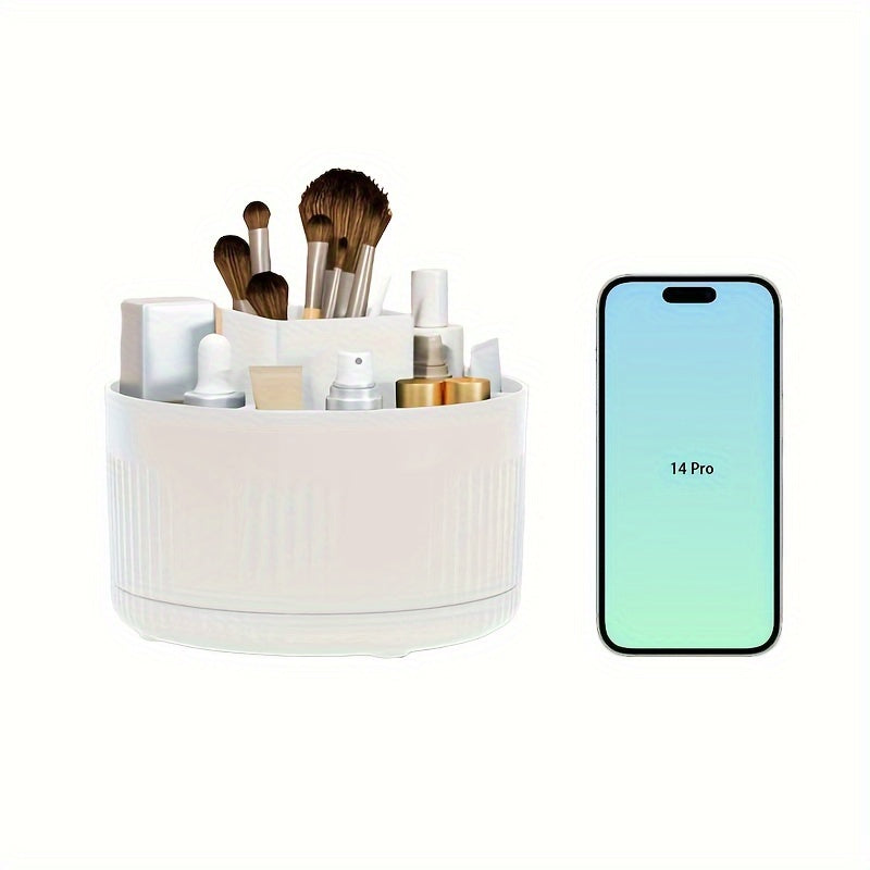 [Rotating Makeup Organizer] 1pc 360-Degree Rotating Makeup Organizer - Sleek White Multi-Function Cosmetic Storage Box with Textured Design, Durable Plastic, No Assembly Required - Ideal for Brushes, Skincare Products & Beauty Tools, Makeup Brush Holder
