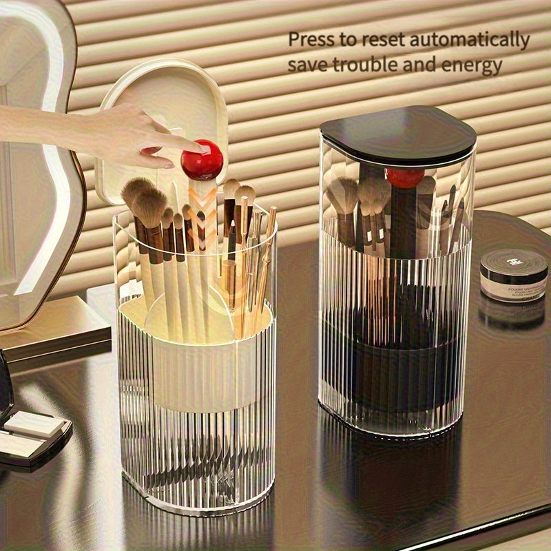 Portable Makeup Brush Organizer with Press & Dustproof Design, Automatic Up & Down Eyelash Brush Holder, Compact Plastic Desktop Makeup Storage Box for Eyeliner & Brushes, No Assembly Required