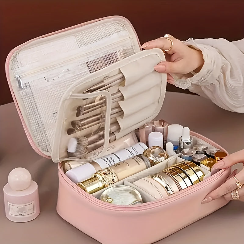 Large-Capacity Multi-Tier Cosmetic Organizer Case with Detachable Brush Storage - Synthetic Leather-like Texture Makeup Bag with Golden-Tone Hardware, Beige & Black Travel Beauty Storage Box with Multiple Compartments & Top Opening - Unisex Portable