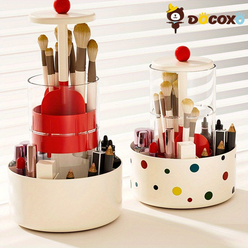 DOCOXO 360° Rotating Makeup Brush Holder - Automatic Lift & Spin, Dustproof Countertop Organizer, Lightweight Plastic Cosmetic Storage Box, No Power Needed, Portable Bathroom Vanity Organizer with Independent Counting, Makeup Vanity Desk, Playful Design,