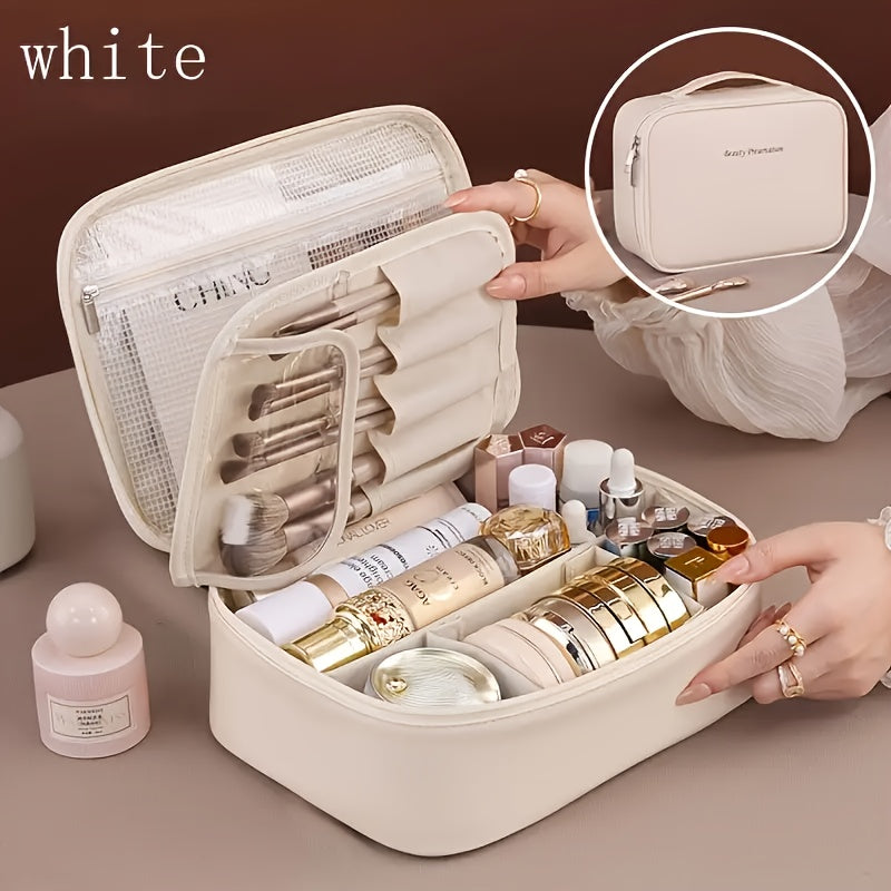 Large-Capacity Multi-Tier Cosmetic Organizer Case with Detachable Brush Storage - Synthetic Leather-like Texture Makeup Bag with Golden-Tone Hardware, Beige & Black Travel Beauty Storage Box with Multiple Compartments & Top Opening - Unisex Portable