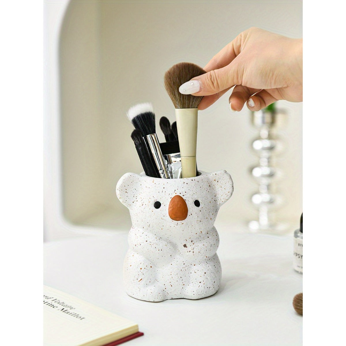 1pc Cute Koala Makeup Brush Holder & Desktop Organizer - White & Brown Bear-Shaped Storage Bin with Spacious Opening, Lightweight Painted Finish for Vanity, Office, Bathroom - No Assembly Required, Unisex Gift for Adults, Office Decor, Decorative