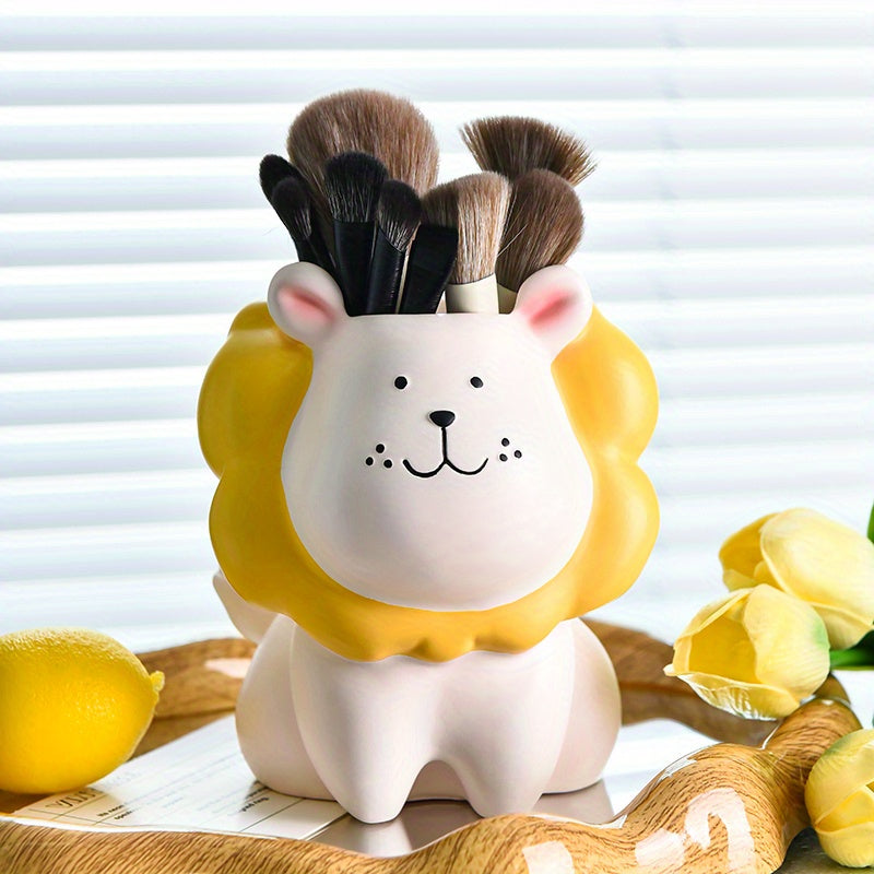 1pc Cute Lion Makeup Brush Organizer with Brush Holder - Makeup Vanity Decor, Desk Organizer, Cute Lion Face Cosmetic Storage for Women, Girls, Home or Salon Decoration - Lightweight Decoration, Playful Design, Unfinished Texture, Sturdy Construction,