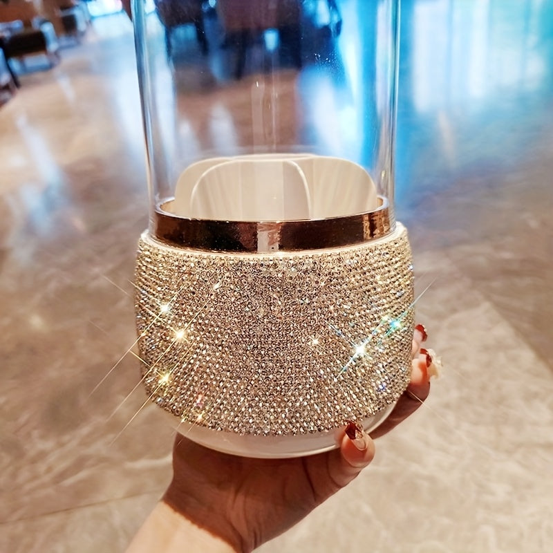 1pc Elegant Round Rotating Makeup Brush Holder with Sparkling Rhinestone Design - Dustproof Cosmetic & Lipstick Organizer, Freestanding Plastic Storage Box with Lid for Vanity Display, Makeup Brush Holder for Bathroo