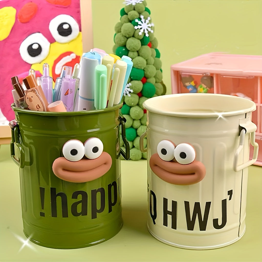 2pcs Cute Big Mouth Design Office Pencil Case Makeup Brush Storage Bucket Suitable For School, Office, Desktop Storage Gift Stickers Can Be Designed By Yourself