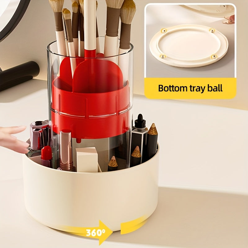 DOCOXO 360° Rotating Makeup Brush Holder - Automatic Lift & Spin, Dustproof Countertop Organizer, Lightweight Plastic Cosmetic Storage Box, No Power Needed, Portable Bathroom Vanity Organizer with Independent Counting, Makeup Vanity Desk, Playful Design,