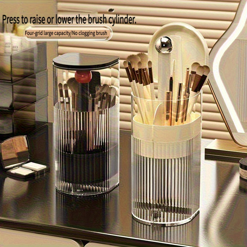 Portable Makeup Brush Organizer with Press & Dustproof Design, Automatic Up & Down Eyelash Brush Holder, Compact Plastic Desktop Makeup Storage Box for Eyeliner & Brushes, No Assembly Required