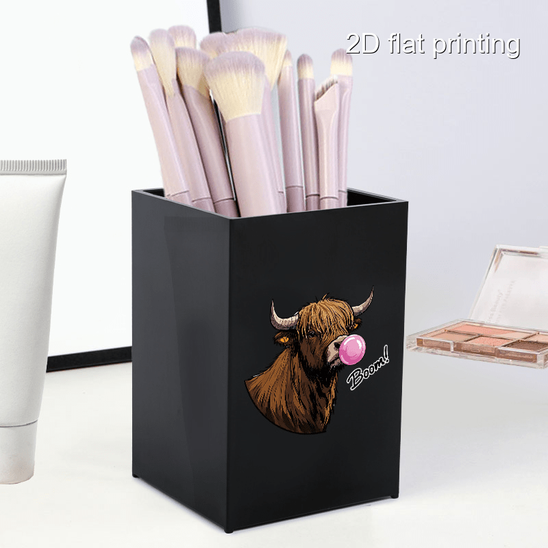 1pc Cute Bubble Gum Cow Design Makeup Brush Holder - Portable, Dustproof Cosmetic Organizer for Brushes & Eyebrow Pencils - Black Plastic Vanity Storage Box with Highland Cow Illustration, Vanity Storage Solution | Playful Design | Sleek Organizer
