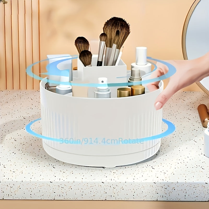 360-Degree Rotating Makeup Organizer - Large Capacity, Durable ABS Plastic Cosmetic Storage Box with Brush Holder, White, Ideal for Bedroom, Vanity, and Bathroom Organization, Bathroom Organizers And Storage