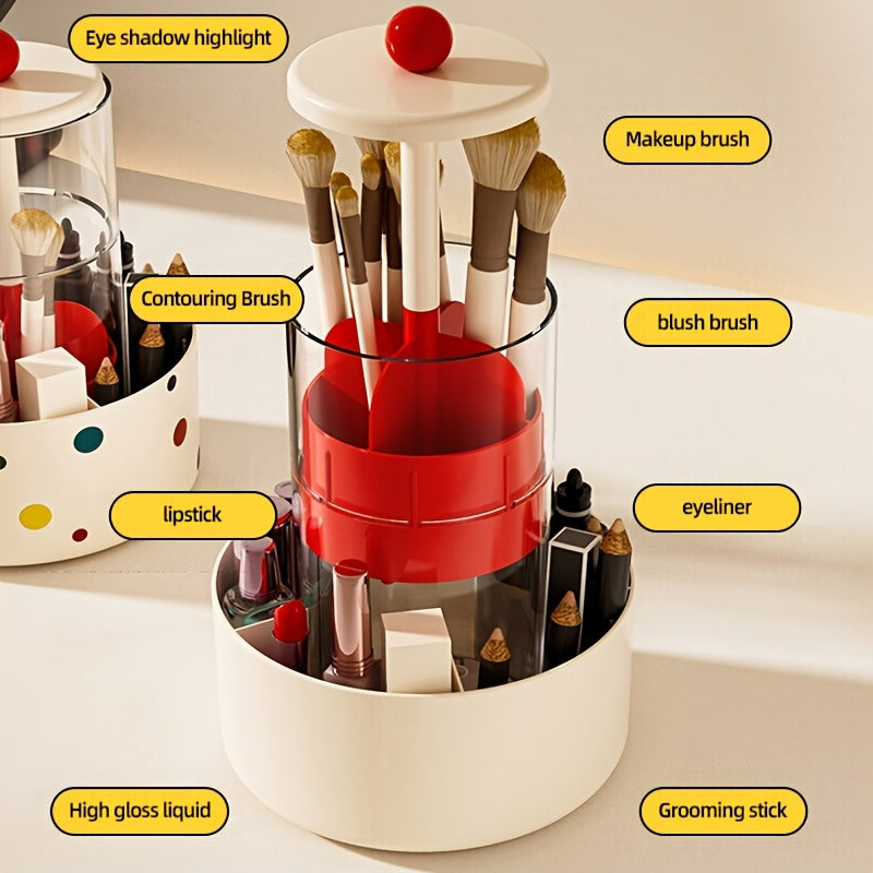 DOCOXO 360° Rotating Makeup Brush Holder - Automatic Lift & Spin, Dustproof Countertop Organizer, Lightweight Plastic Cosmetic Storage Box, No Power Needed, Portable Bathroom Vanity Organizer with Independent Counting, Makeup Vanity Desk, Playful Design,