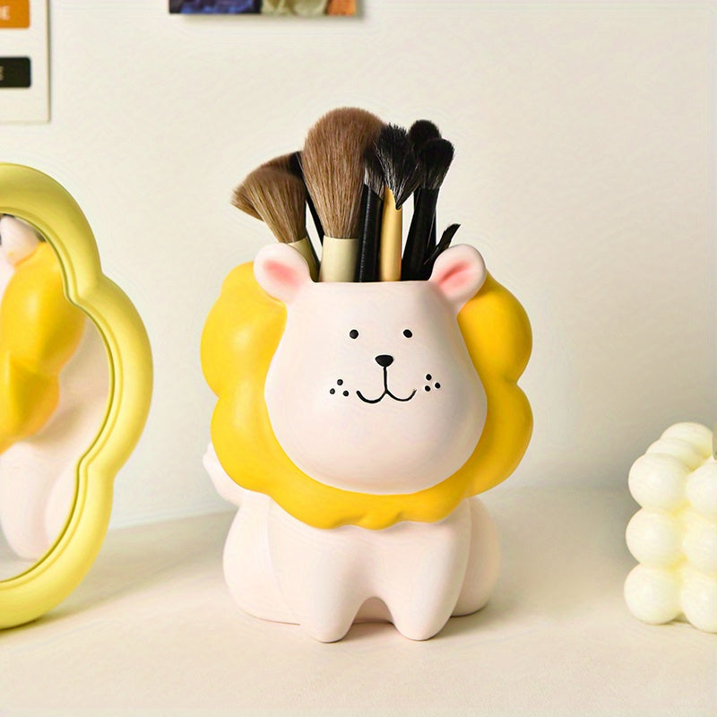 1pc Cute Lion Makeup Brush Organizer with Brush Holder - Makeup Vanity Decor, Desk Organizer, Cute Lion Face Cosmetic Storage for Women, Girls, Home or Salon Decoration - Lightweight Decoration, Playful Design, Unfinished Texture, Sturdy Construction,