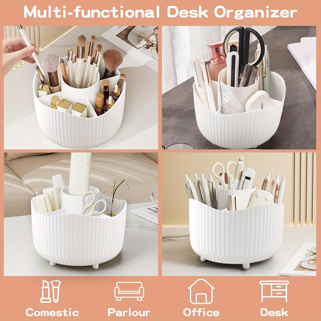 360° Rotating Cosmetic Organizer - Large Capacity Makeup Storage Case with Multiple Compartments for Brushes, Eyebrow Pencils, Eyeshadow & Stationery - Durable Plastic, Ideal for Home & School Use, 9pcs Style Options, Makeup Vanity Desk, Sleek Design,