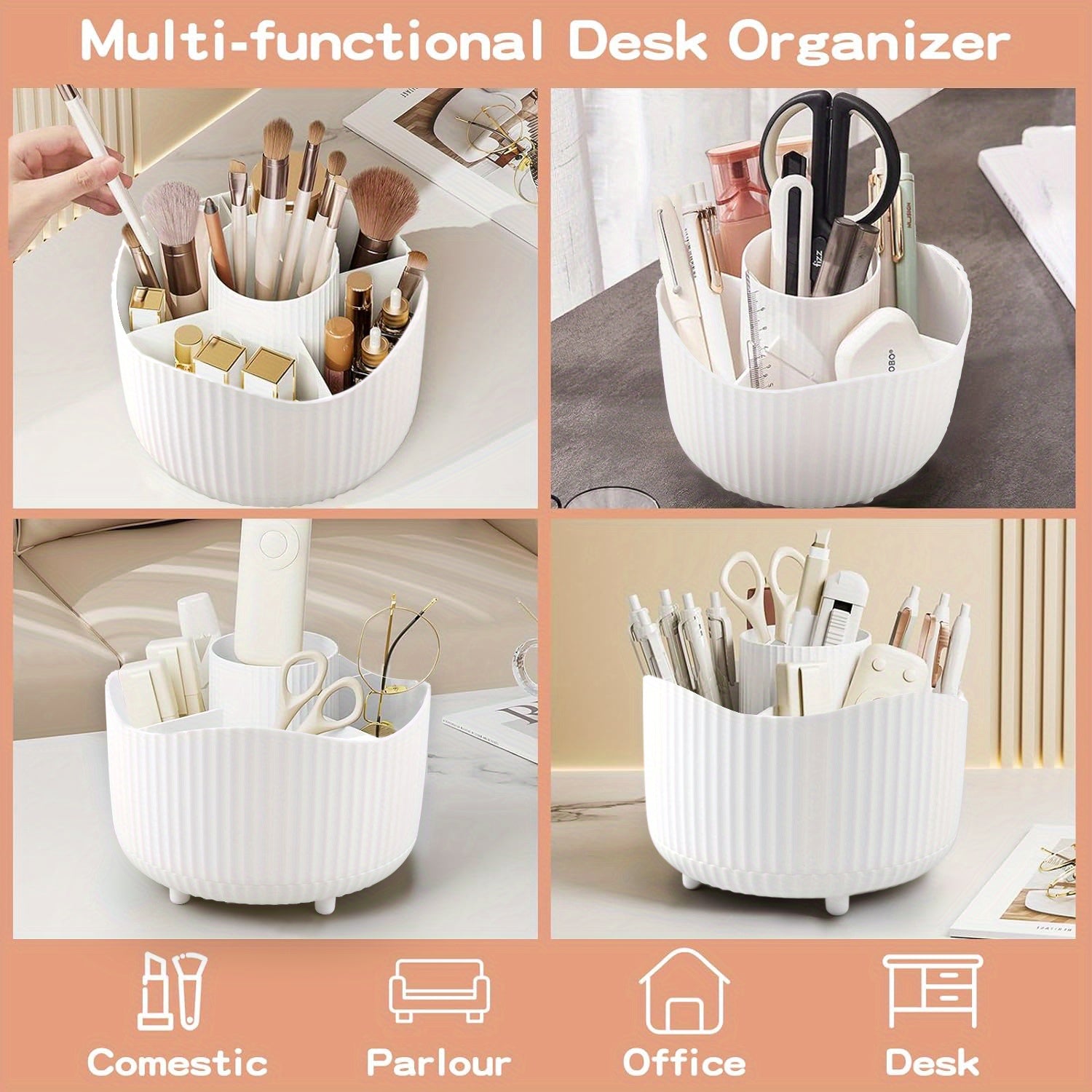 360° Rotating Cosmetic Organizer - Large Capacity Makeup Storage Case with Multiple Compartments for Brushes, Eyebrow Pencils, Eyeshadow & Stationery - Durable Plastic, Ideal for Home & School Use, 9pcs Style Options, Makeup Vanity Desk, Sleek Design,