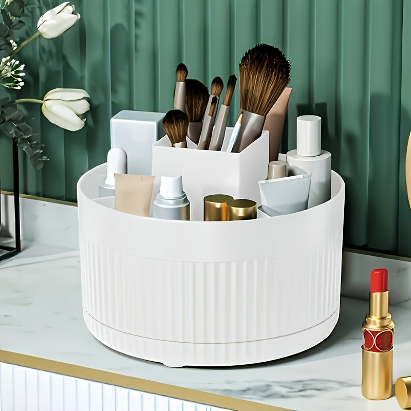 360-Degree Rotating Makeup Organizer - Large Capacity, Durable ABS Plastic Cosmetic Storage Box with Brush Holder, White, Ideal for Bedroom, Vanity, and Bathroom Organization, Bathroom Organizers And Storage