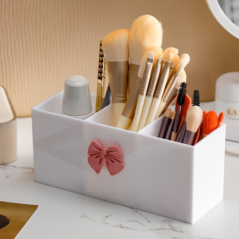 1pc, 3-compartment makeup brush storage box, eyebrow pencil and lipstick storage rack, small display box, suitable for bathroom, bedroom, pink bow, black home storage box