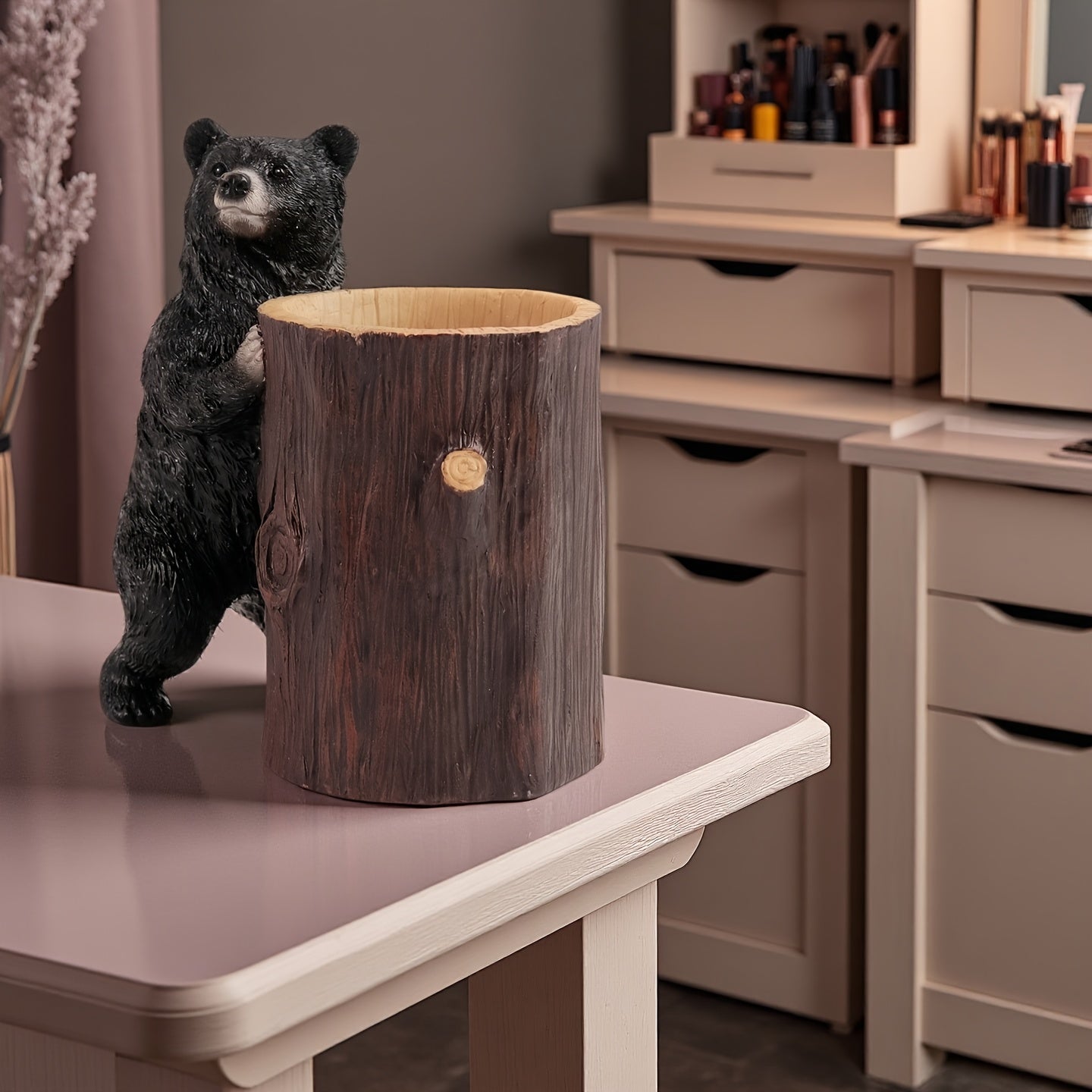 Elegant Large Bear Makeup Brush Holder - Resin Art Sculpture with Anti-Drop Design, Lightweight & Durable, Perfect for Vanity or Bathroom Decor, Ideal for 11 Festivals, Makeup Brush Holder for Vanity, Decorative, Unique, Creative, Statue, Ornament,