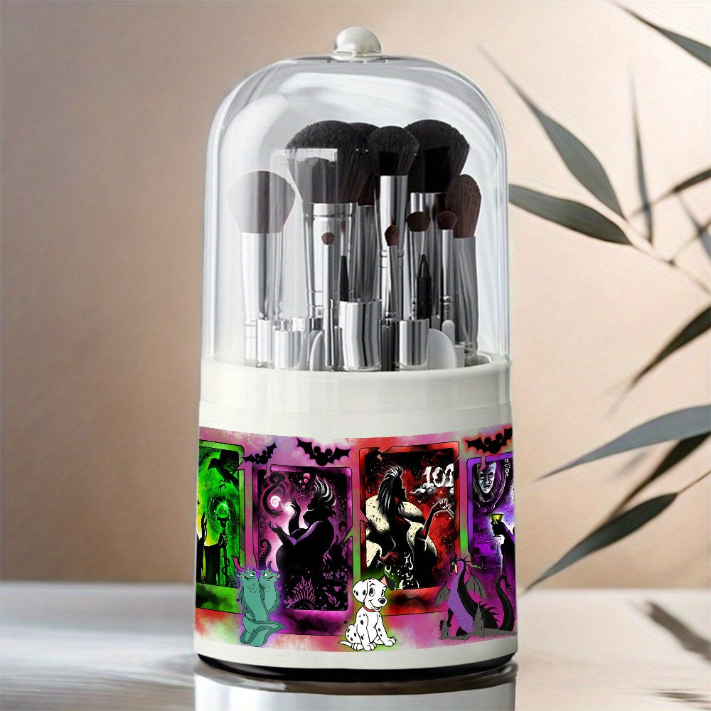 1pc Disney Fairy Tale Villains Cosmetic Storage Box - 360° Rotating Dust-Proof Makeup Organizer with Maleficent, Cruella & Jafar Art, Plastic Desktop Brush Holder for Vanity, Bathroom Counter, Dressing Table, Villainthemed Design, Clear Rotating Mechanism