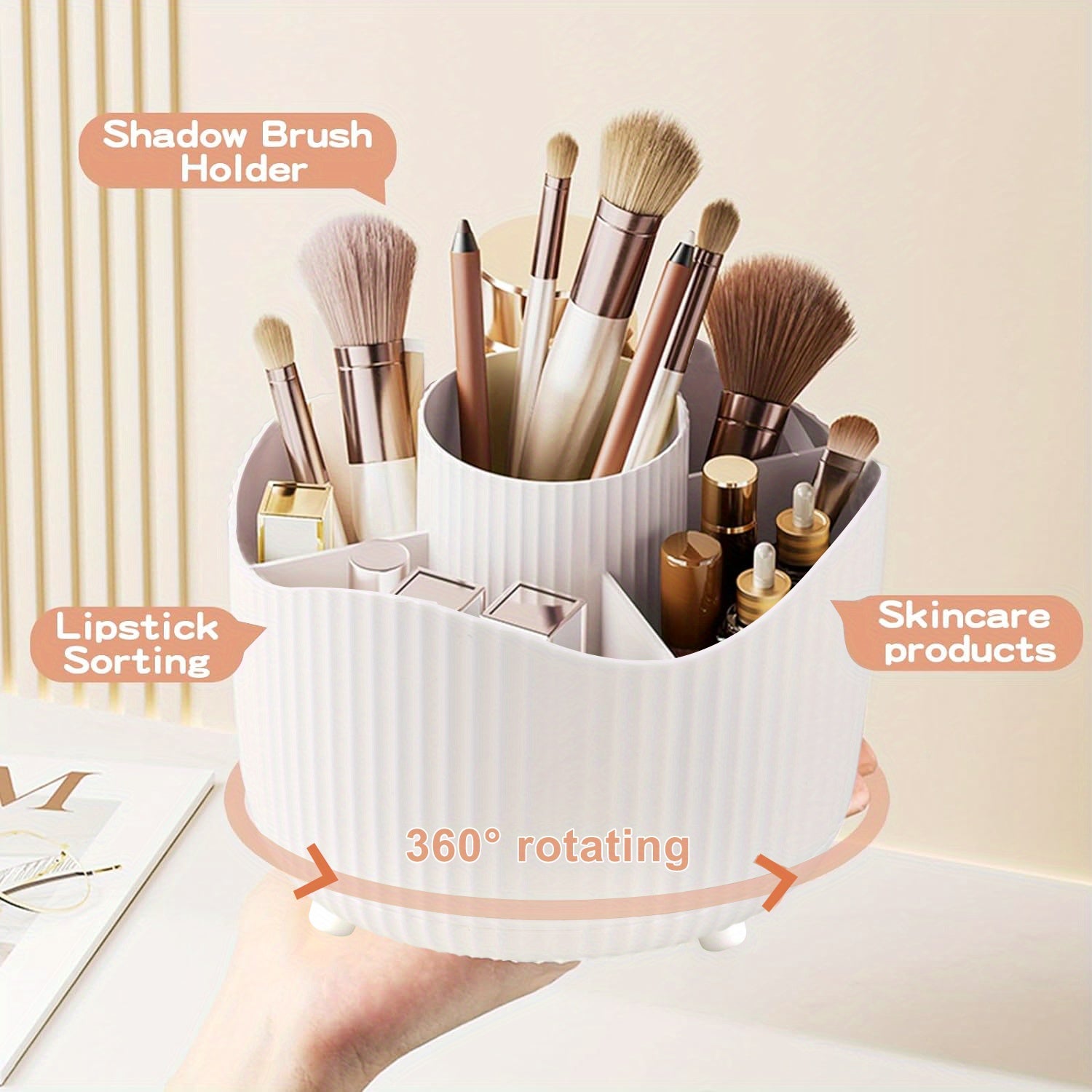 360° Rotating Cosmetic Organizer - Large Capacity Makeup Storage Case with Multiple Compartments for Brushes, Eyebrow Pencils, Eyeshadow & Stationery - Durable Plastic, Ideal for Home & School Use, 9pcs Style Options, Makeup Vanity Desk, Sleek Design,