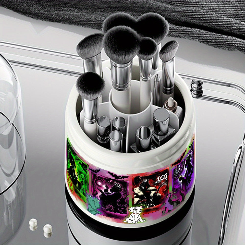 1pc Disney Fairy Tale Villains Cosmetic Storage Box - 360° Rotating Dust-Proof Makeup Organizer with Maleficent, Cruella & Jafar Art, Plastic Desktop Brush Holder for Vanity, Bathroom Counter, Dressing Table, Villainthemed Design, Clear Rotating Mechanism