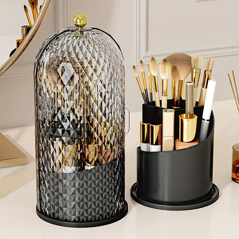 [1pc Rotating Makeup Organizer] 1pc Rotating Makeup Organizer with Cover | Waterproof, Dustproof Plastic Cosmetic Storage Box, Diamond Pattern Design | Ideal for Brushes, Skincare Products, Office Supplies, Fragrance-Free, Skincare Product Storage