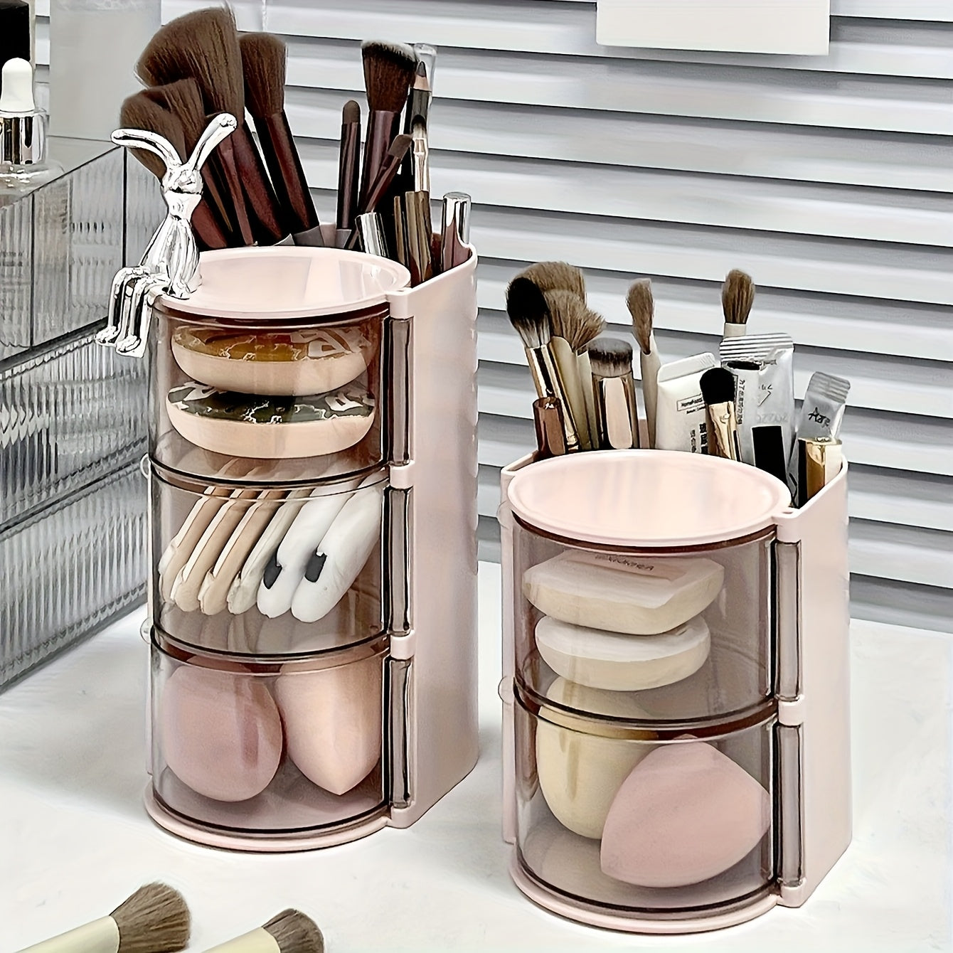 2/3-Tier Makeup Organizer with Brush Holder, Dustproof White/Pink Powder Puffs Storage Box,Compact Dsktop Cushions Holder Container with Brushes Case,Hair Clip & Jewelry Storage Drawel Bin,Perfect for Vanity Table,Bathroom
