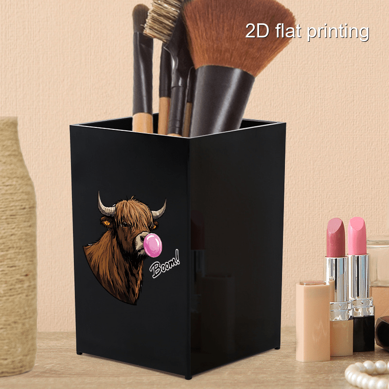 1pc Cute Bubble Gum Cow Design Makeup Brush Holder - Portable, Dustproof Cosmetic Organizer for Brushes & Eyebrow Pencils - Black Plastic Vanity Storage Box with Highland Cow Illustration, Vanity Storage Solution | Playful Design | Sleek Organizer