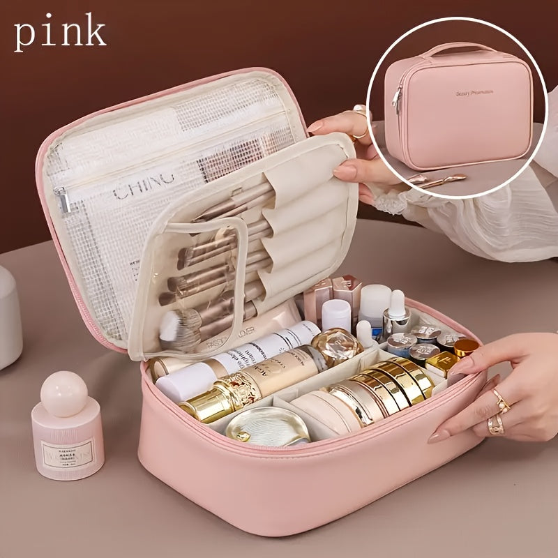 Large-Capacity Multi-Tier Cosmetic Organizer Case with Detachable Brush Storage - Synthetic Leather-like Texture Makeup Bag with Golden-Tone Hardware, Beige & Black Travel Beauty Storage Box with Multiple Compartments & Top Opening - Unisex Portable
