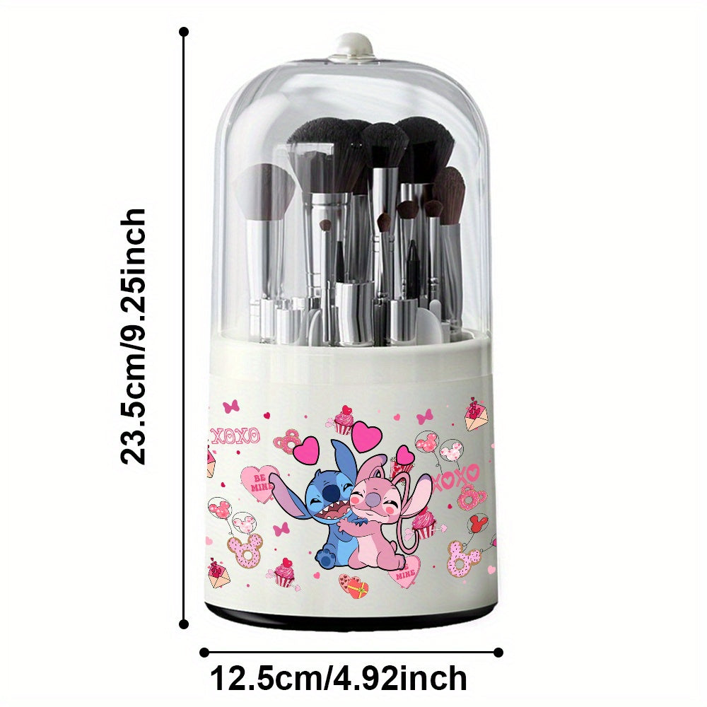 [1pc Rotating Makeup Box] 1pc Rotating Dust-Proof Stitch & Lilo Cosmetic Storage Box | Pink Cupcake & Hearts Design, Clear Viewing Lid, Ideal for Dressing Table or Desktop, Makeup Brushes